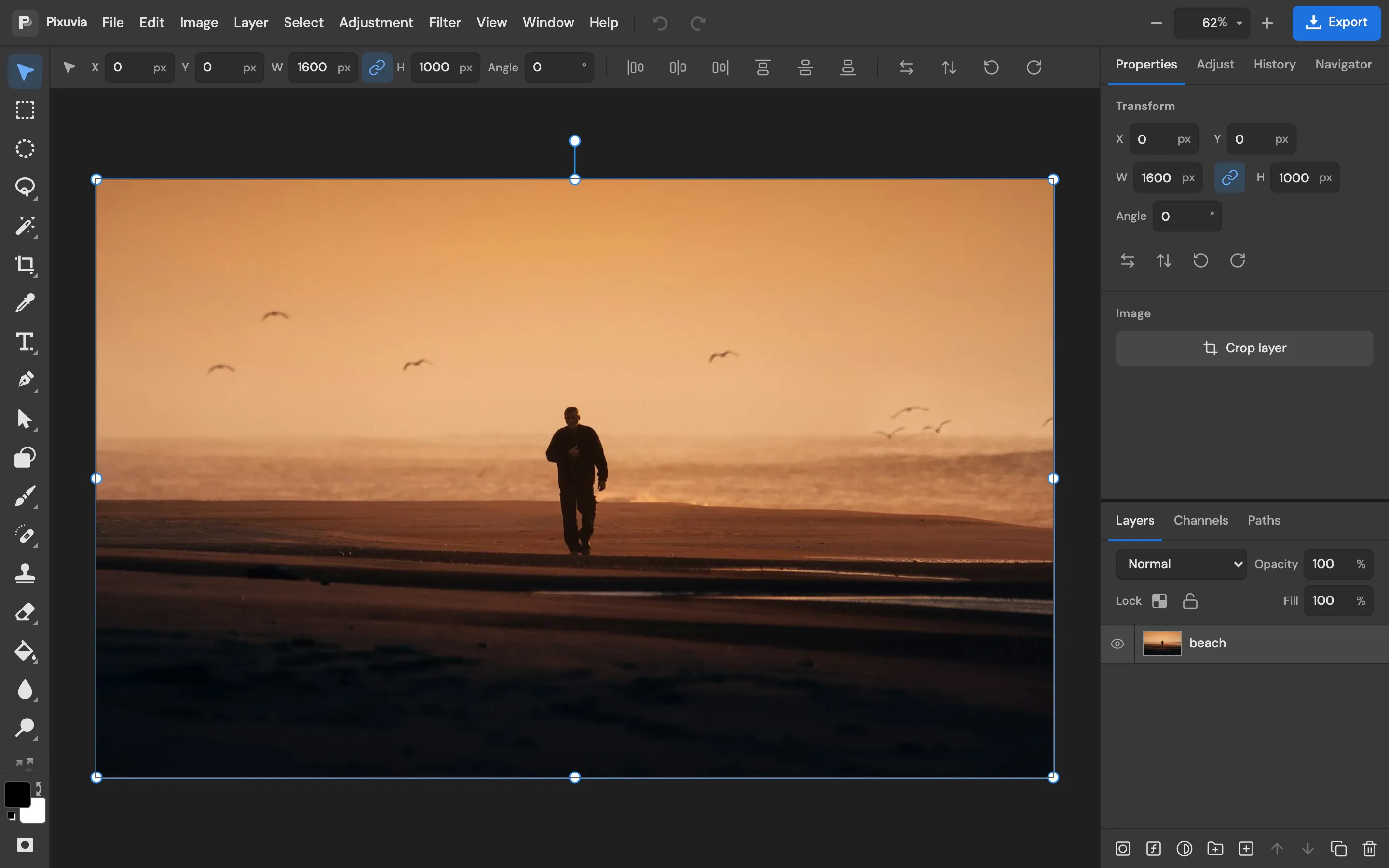 The editor in a desktop browser with a photo of a person walking on a beach at sunset, the tool bar on the left and the Properties and Layers panels on the right