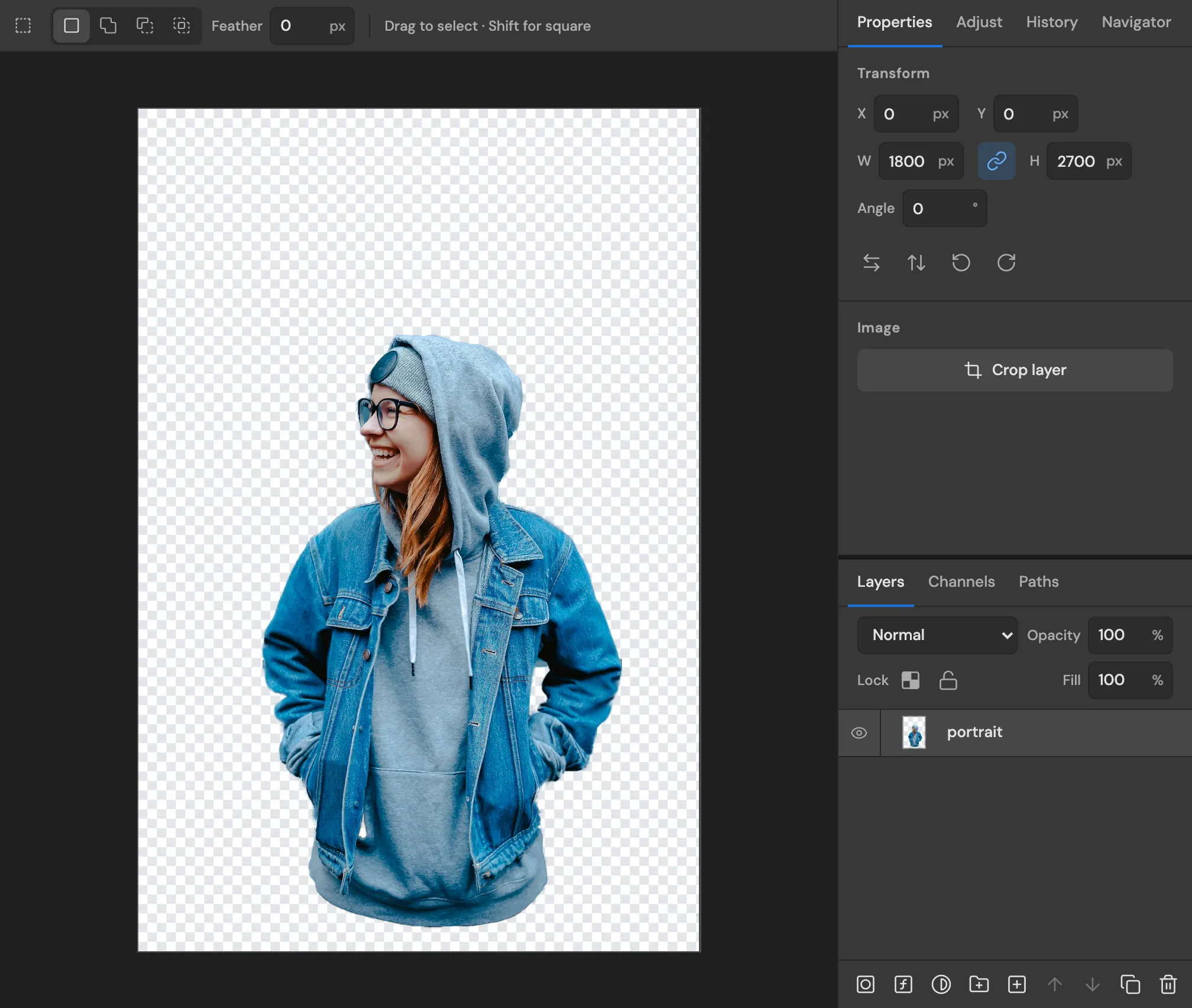A portrait cut out from its background, shown on a transparent checkerboard in the editor, with the Layers panel beside it