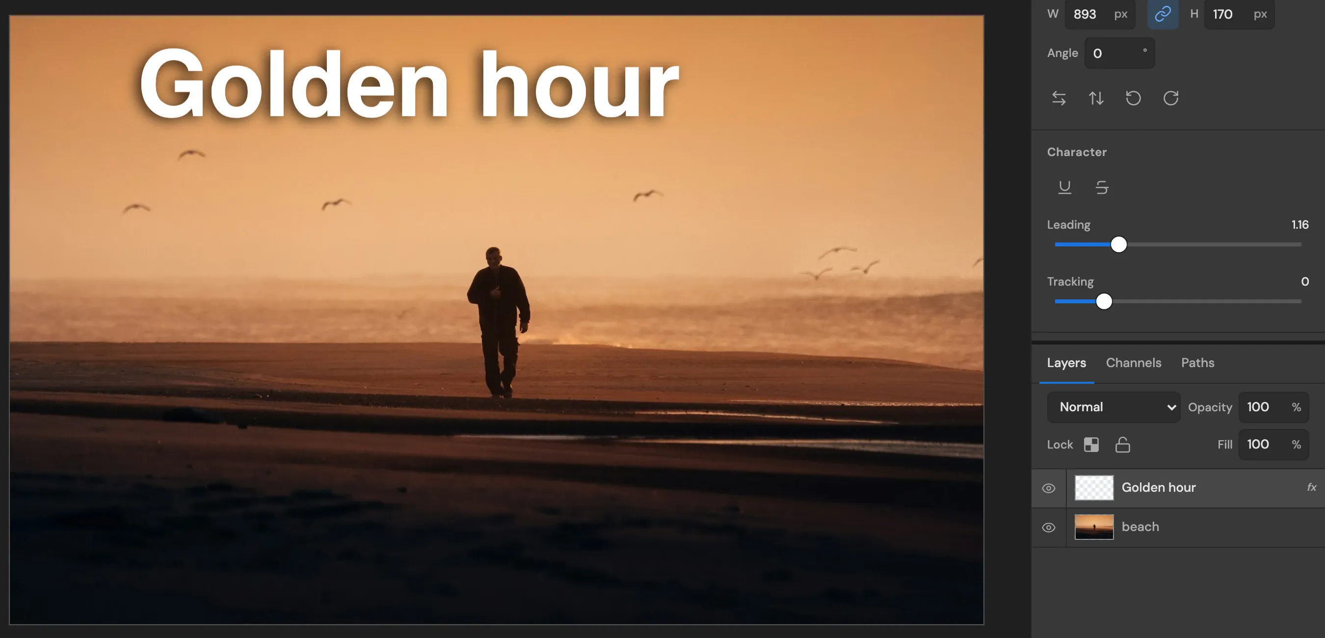 White "Golden hour" text with a drop shadow over a sunset beach photo, with the text layer and its effect listed in the Layers panel